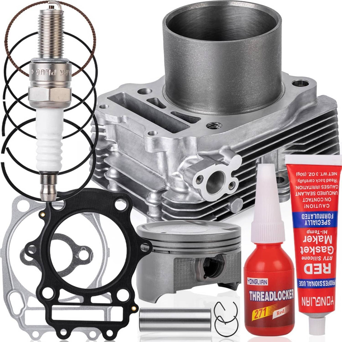 Machined cylinder block with piston and base gasket, with red threadlocker glue