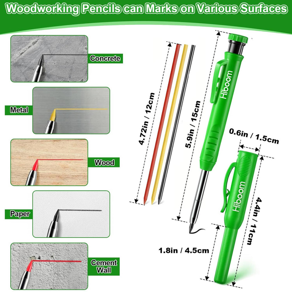 Green carpenter pencil with protective cap and exposed metal point, shown with size details