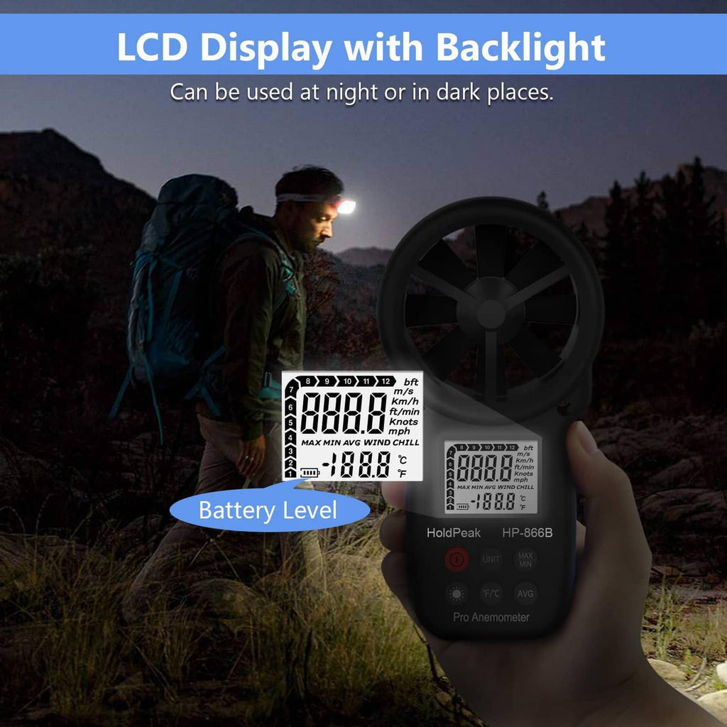 Black digital anemometer with backlit LCD display for night use