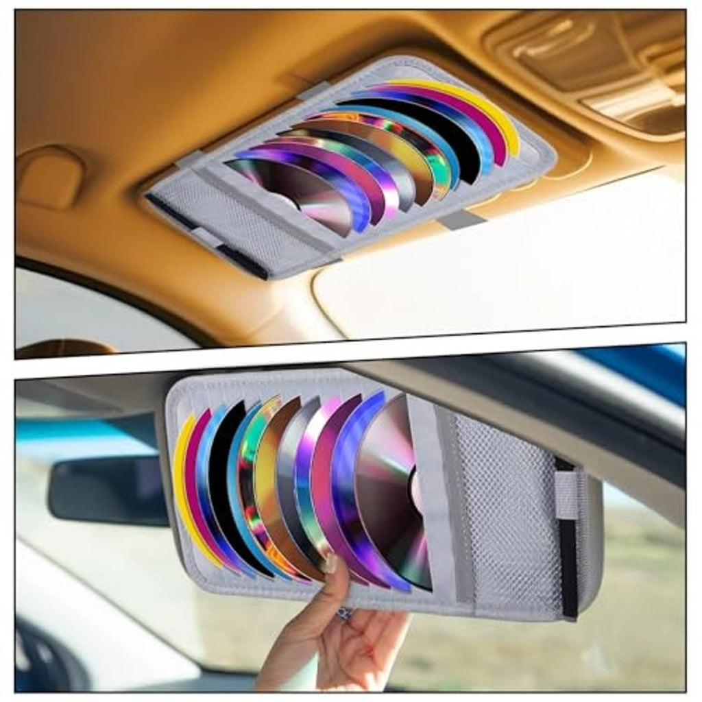 Gray visor CD case mounted in car with rainbow discs and elastic strap closure