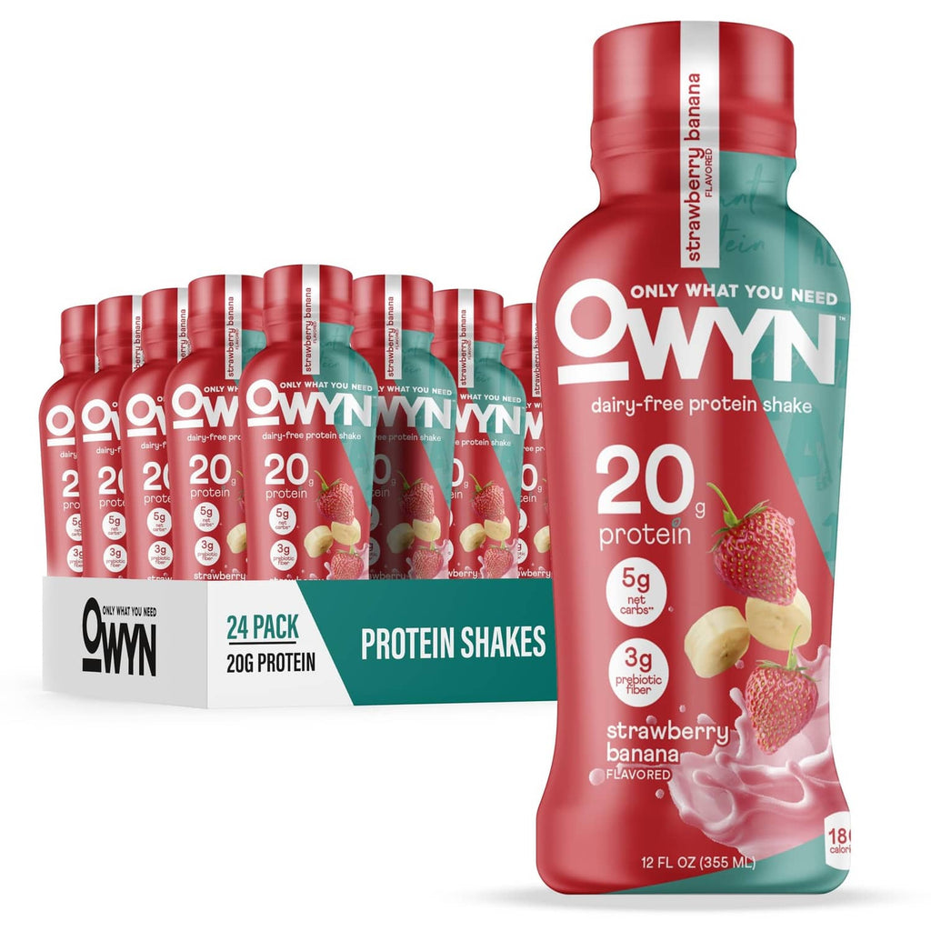 OWYN dairy-free protein shake bottle with 20g protein, strawberry banana flavor, pack of 12