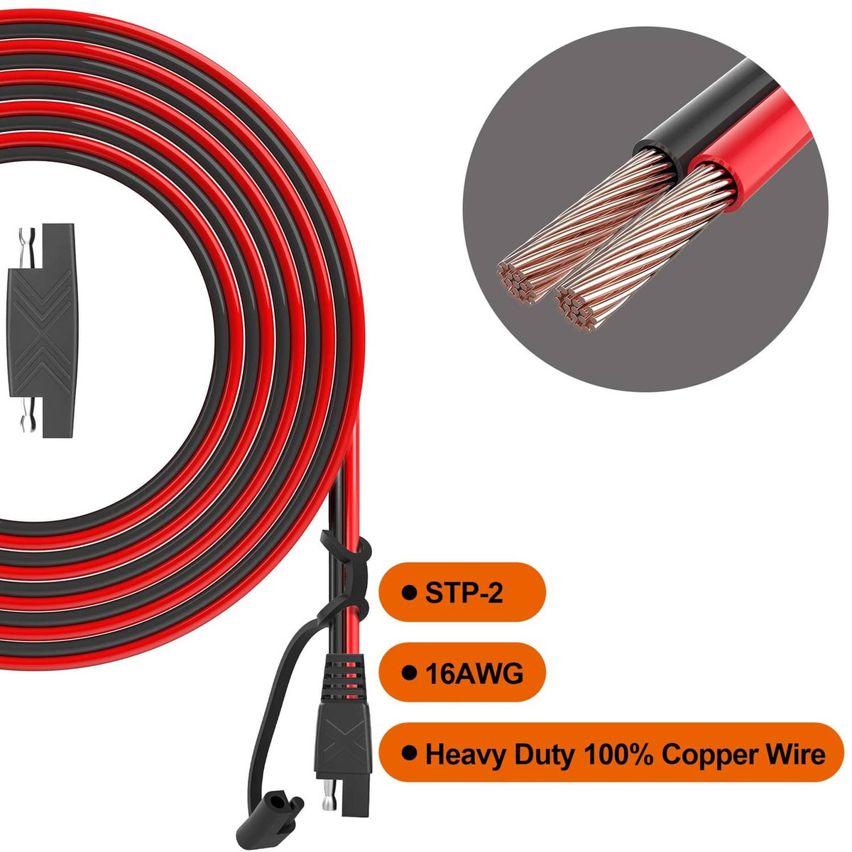 Red/black SAE extension cable with 16AWG heavy-duty 100% copper wire detail
