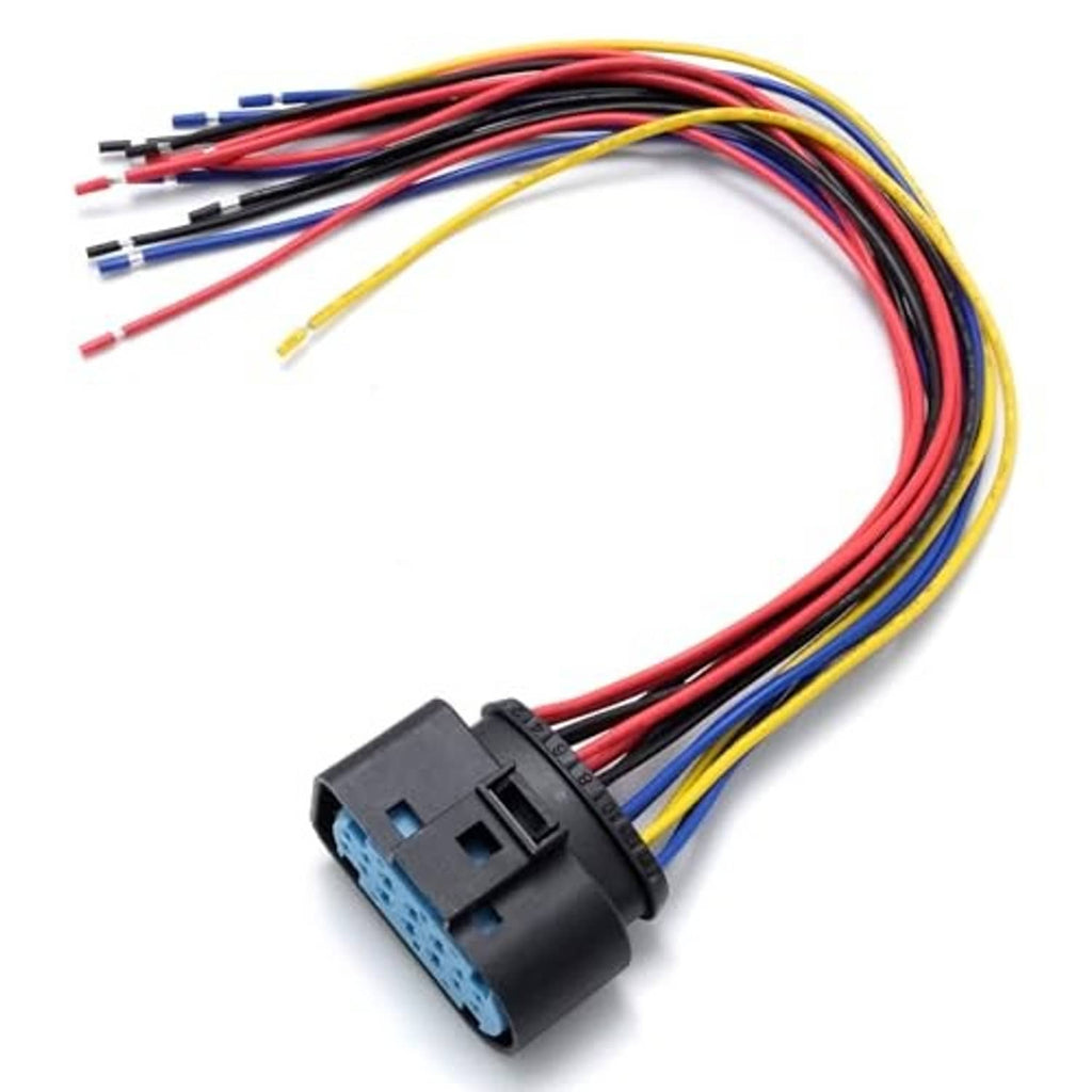 14-pin headlight connector pigtail plug with bundled multicolor wires and black housing