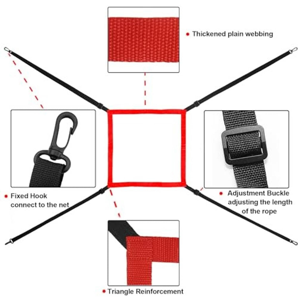 Strike zone target setup with adjustable ropes, buckles, and reinforcement webbing