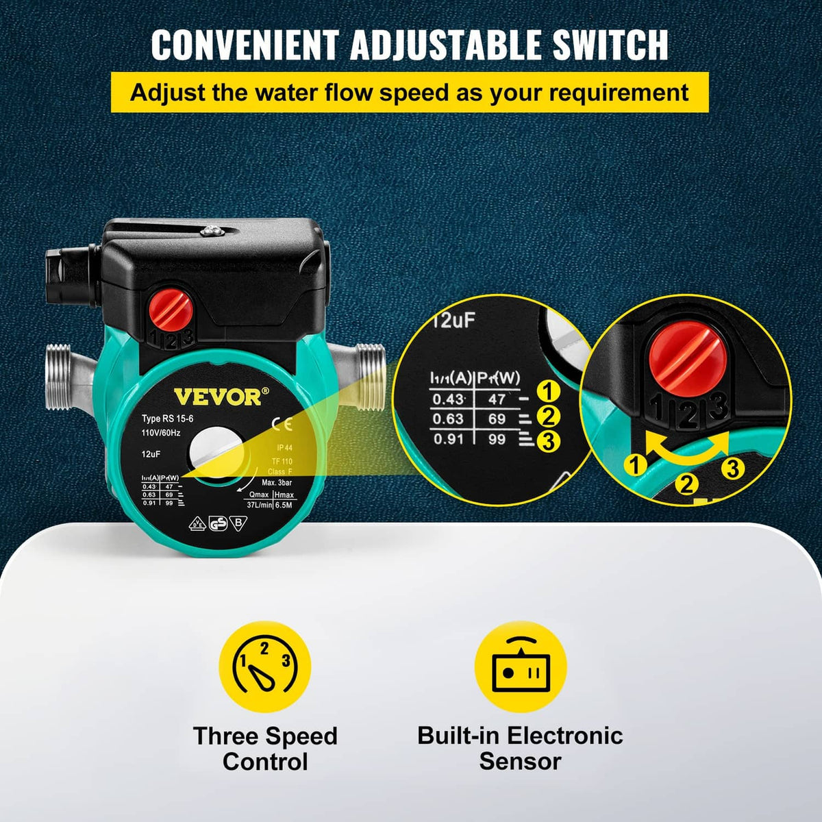 Hot water circulation pump with teal housing and black speed-control dial