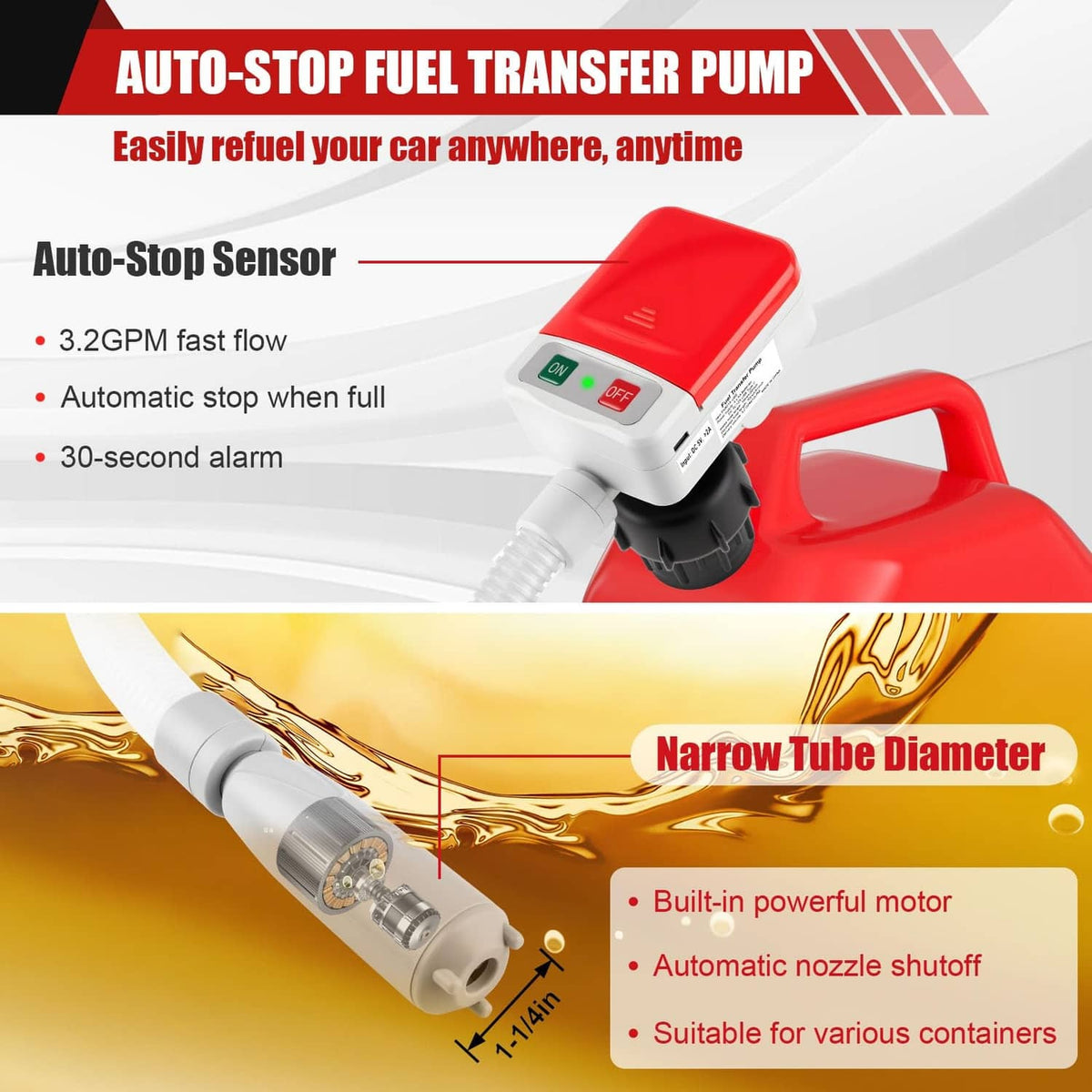 Red automatic fuel transfer pump with white hose and black nozzle for fueling
