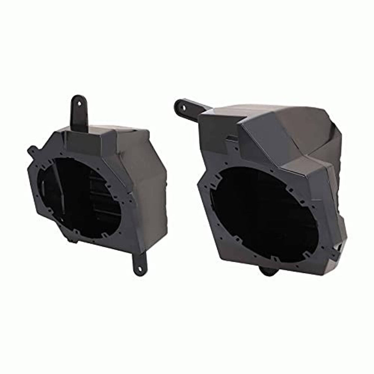 Pair of black speaker pod housings showing circular cutouts and side tabs
