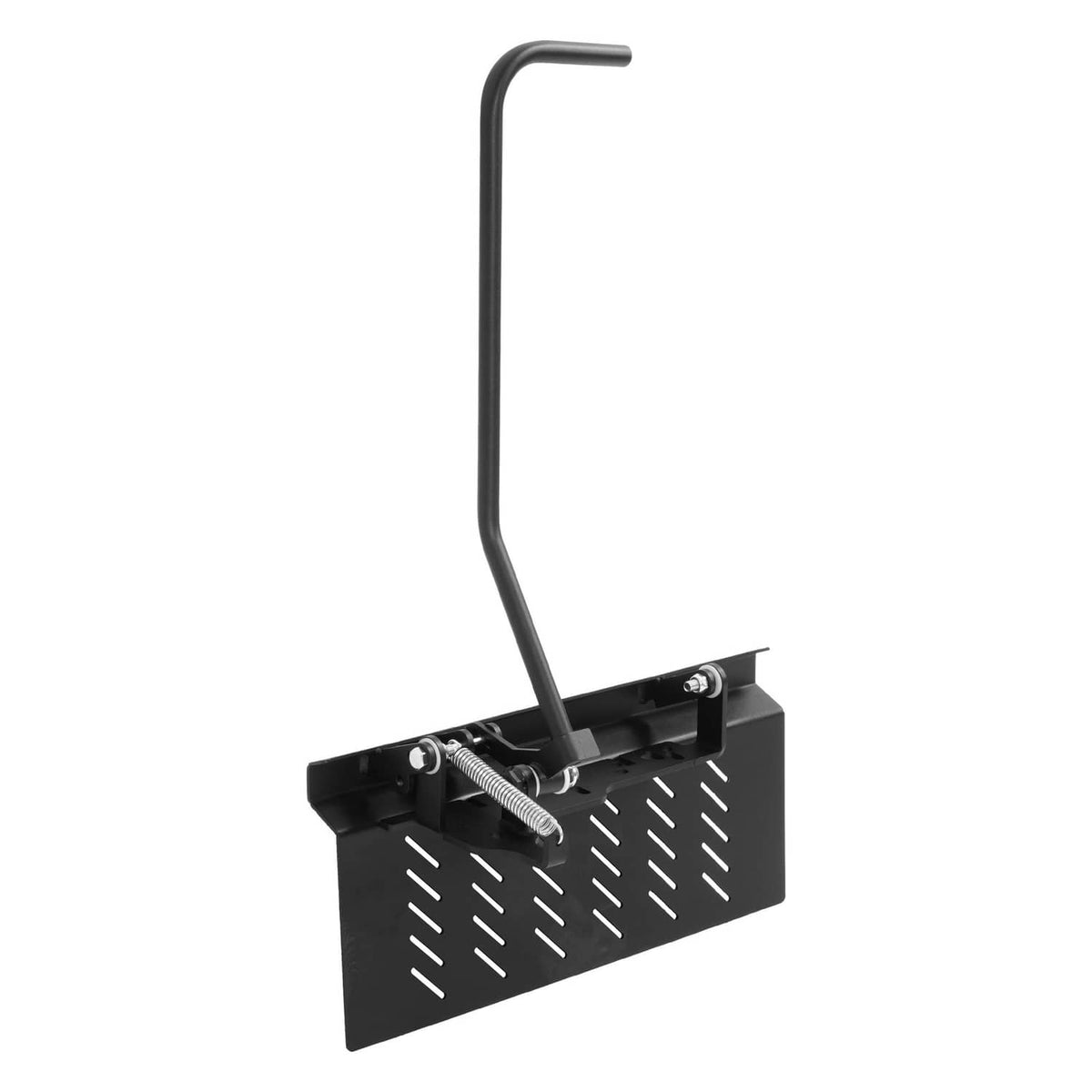 Black chute blocker shield with curved handle and spring hardware attachment