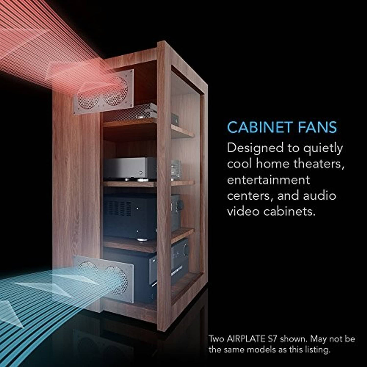 Wood cabinet fan enclosure with two round hex-mesh cooling grilles