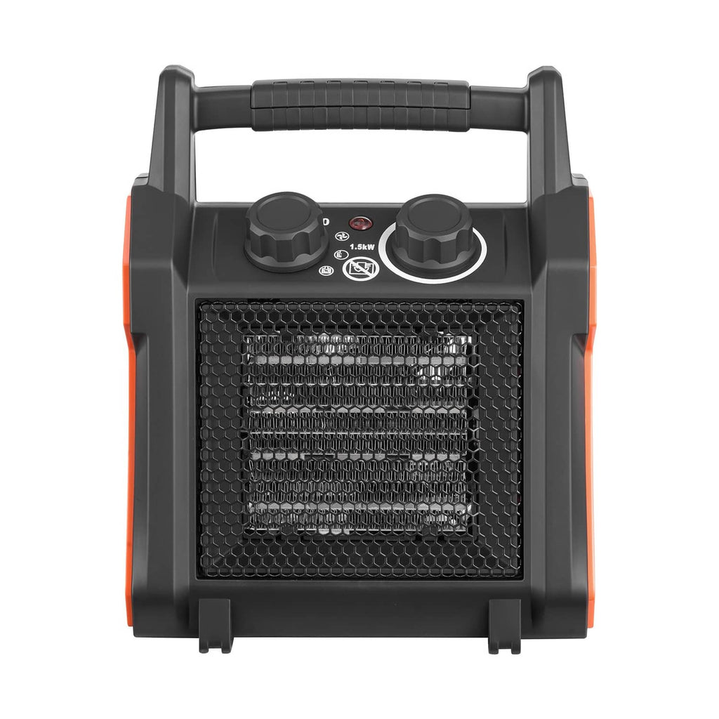 Electric greenhouse heater with front grille and two top control knobs, black with orange sides