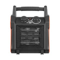 Electric greenhouse heater with front grille and two top control knobs, black with orange sides