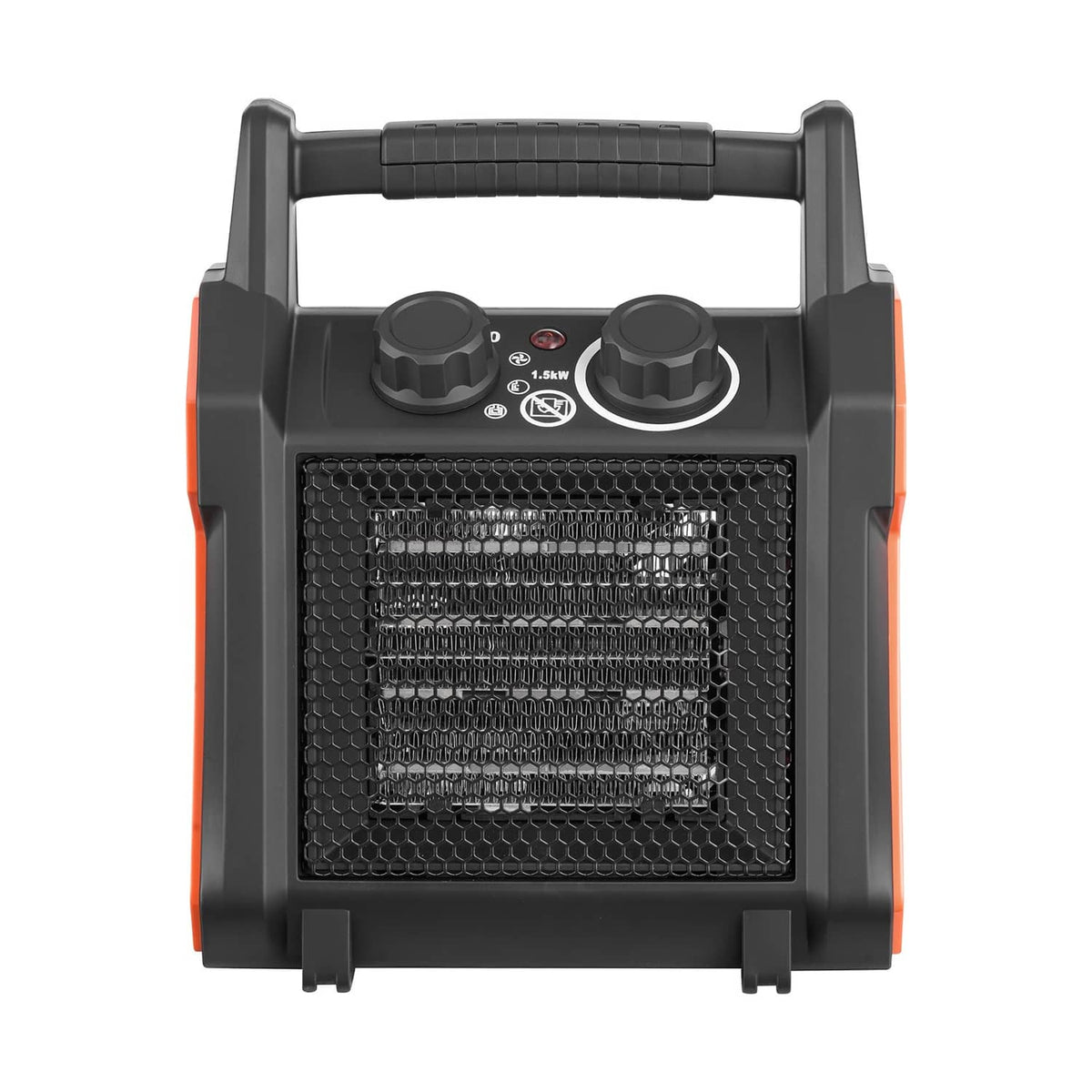 Electric greenhouse heater with front grille and two top control knobs, black with orange sides