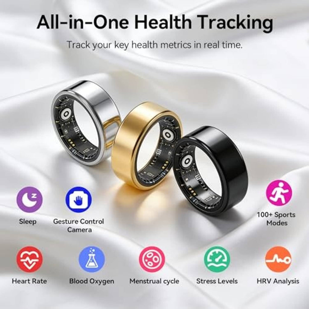 Set of smart fitness tracker rings in silver, gold, and black with sensor display