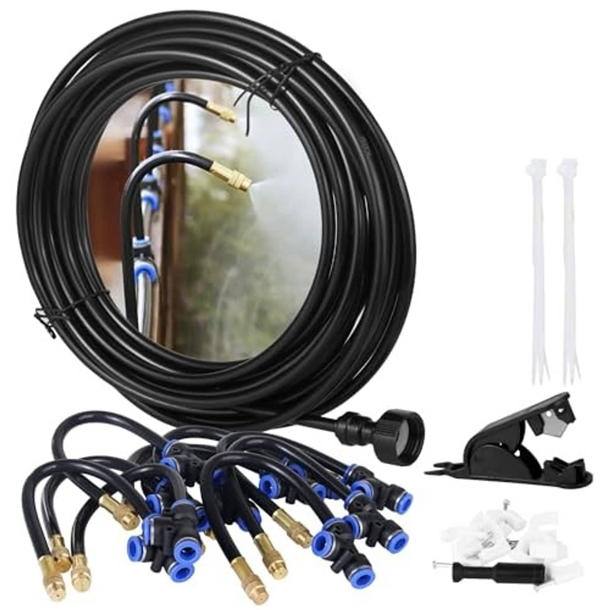 Outdoor misting hose kit with black coil, blue multi-nozzle manifold, and mounting clips