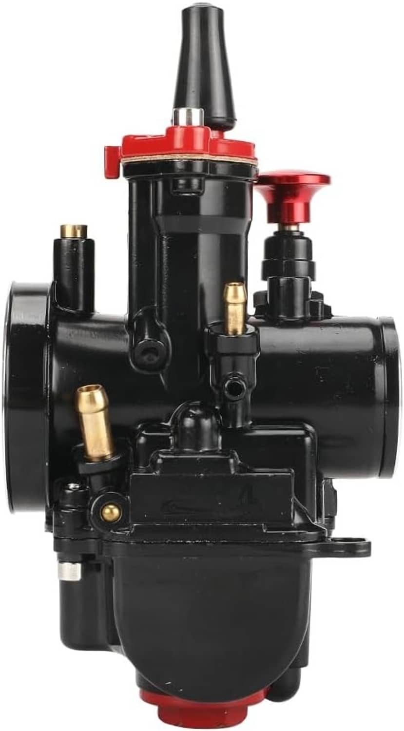 21mm motorcycle carburetor rear/side view with red clamp and black cylindrical port