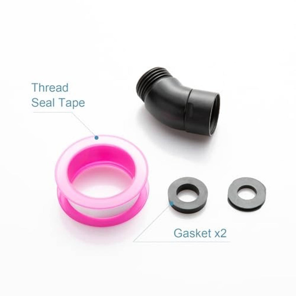 Matte black shower elbow adapter kit with G1/2 threads, seal tape, and 2 gaskets