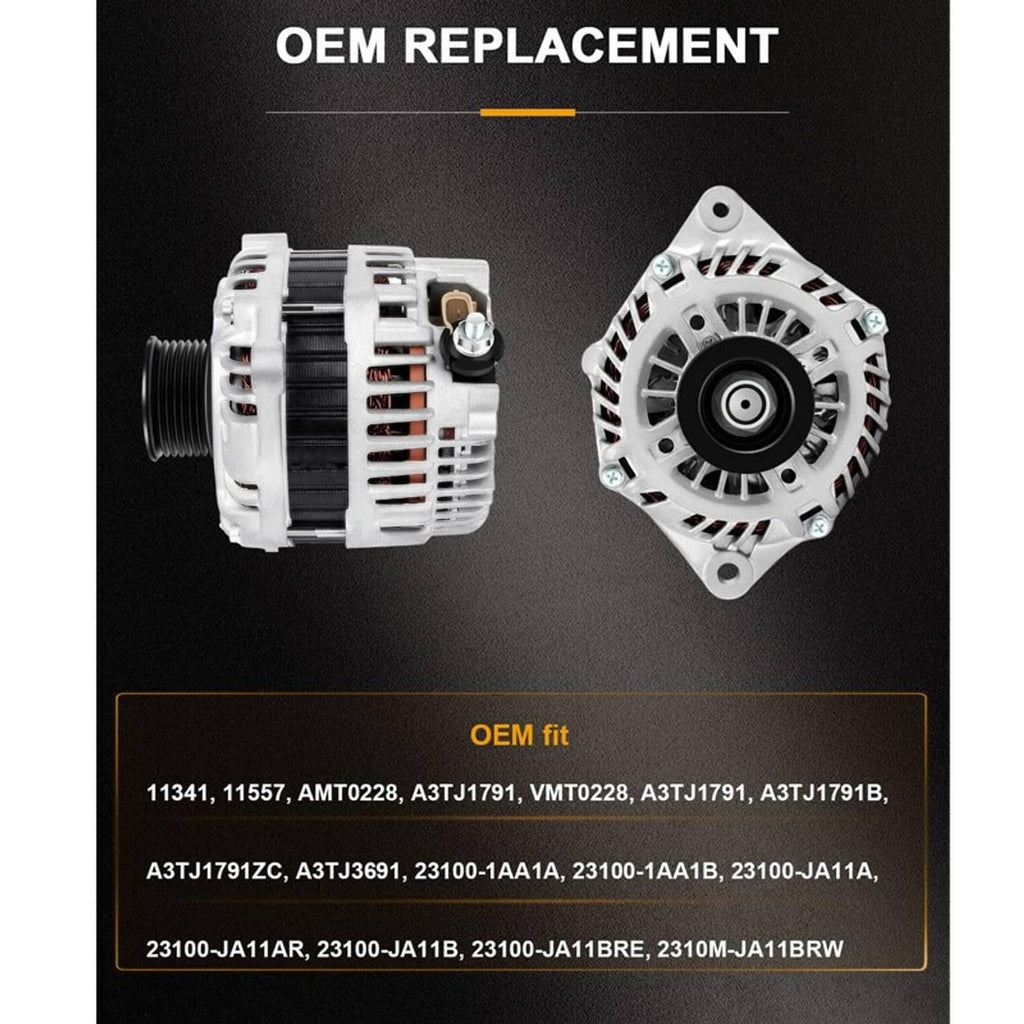 Silver replacement alternator with black pulley, mounting ears, and top stud bolt
