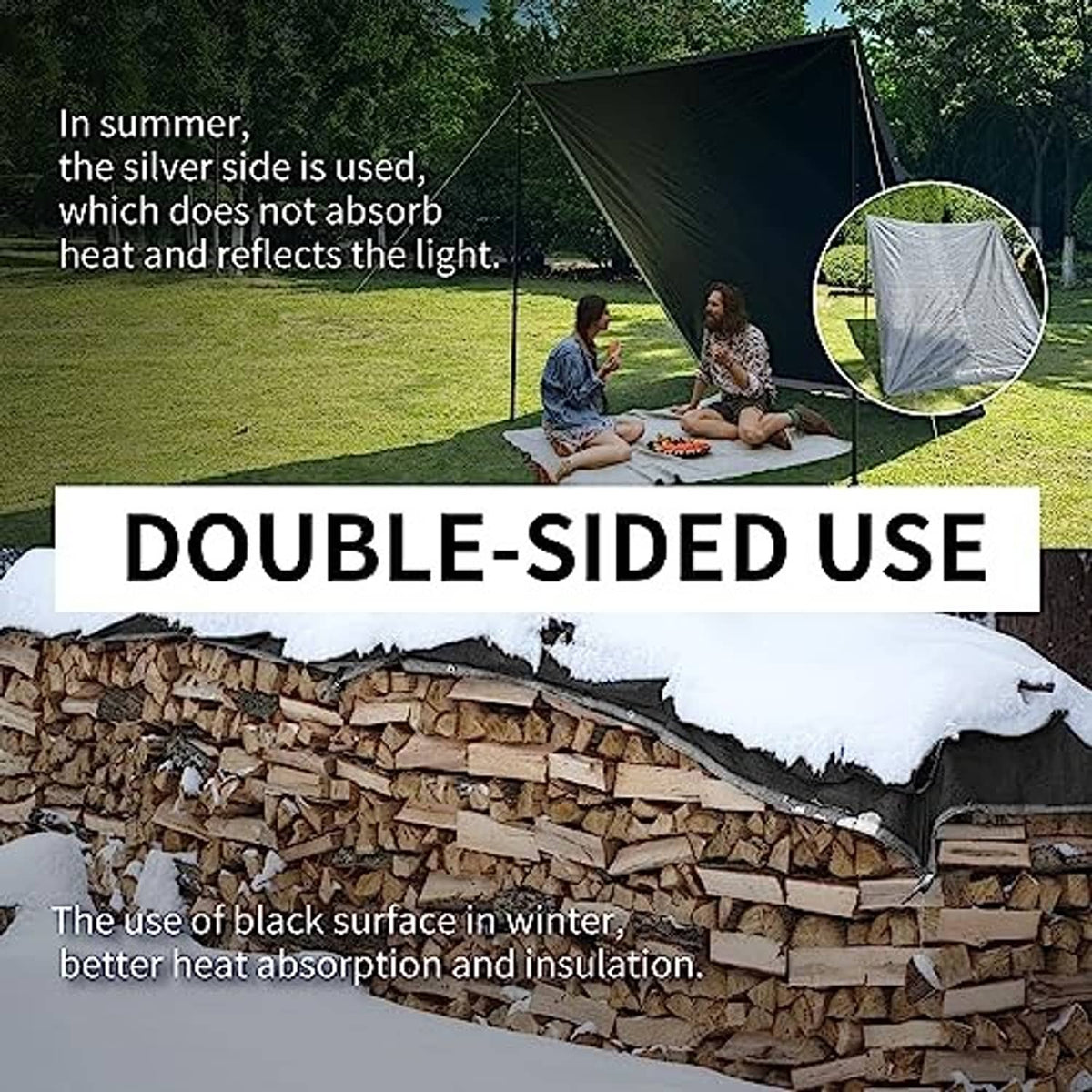 Double-sided silver-and-black tarp shelter with reinforced eyelet grommets.