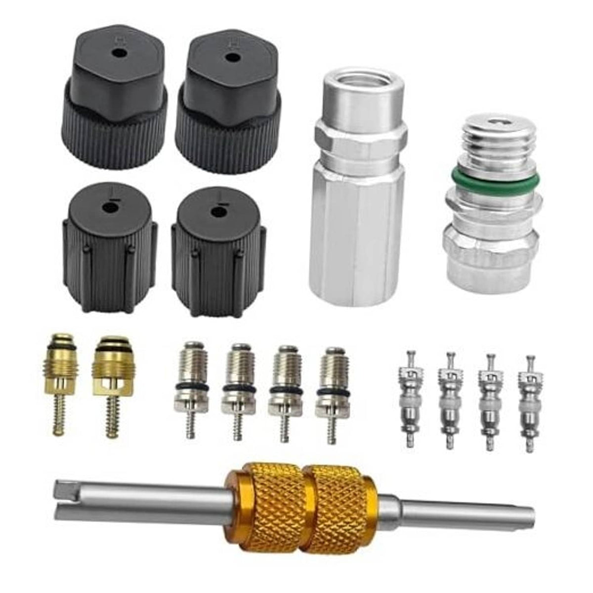Air conditioning valve core kit with removal tool, valve cores, and brass adapter fittings
