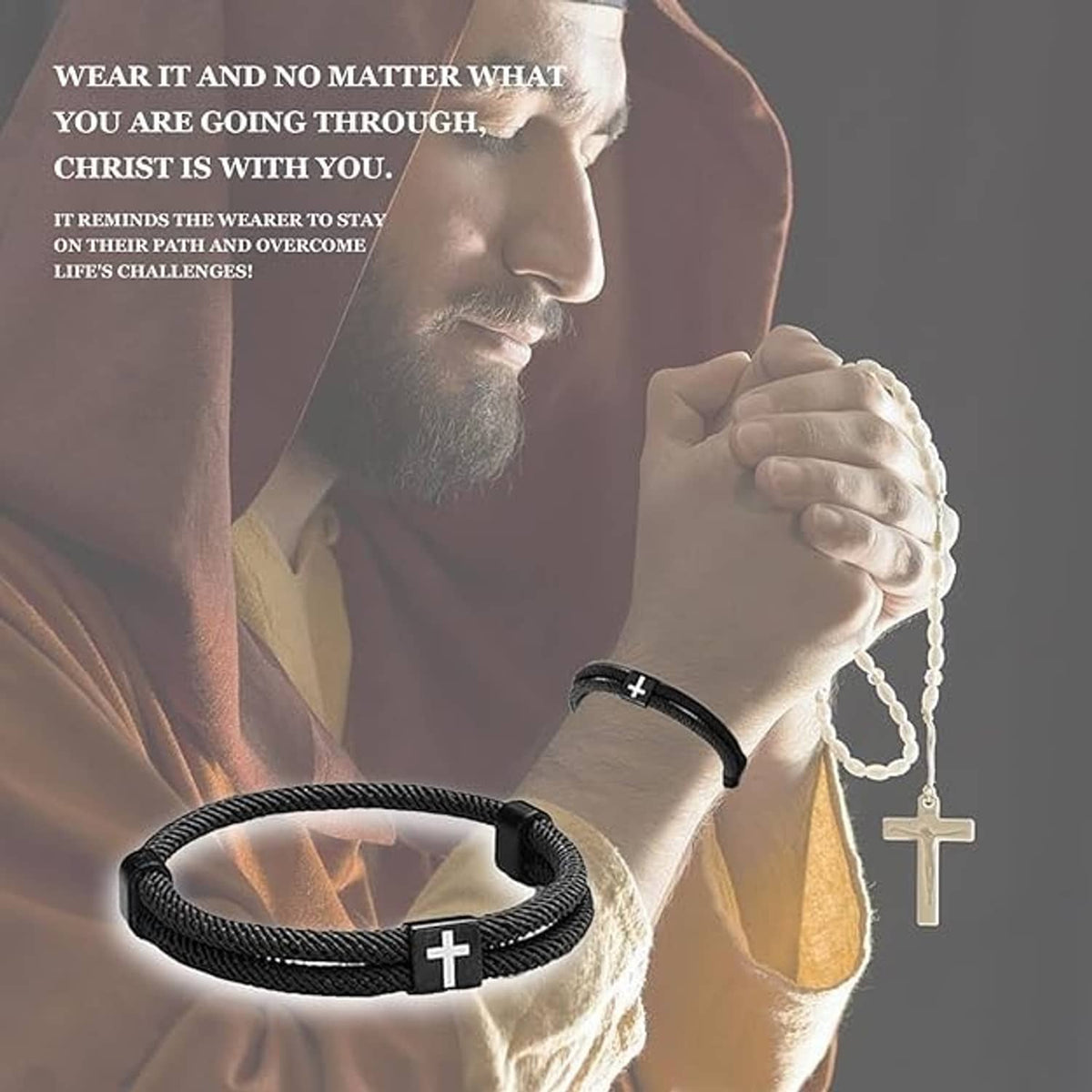 Braided rope cross charm bracelet on wrist, black band with silver cross charm