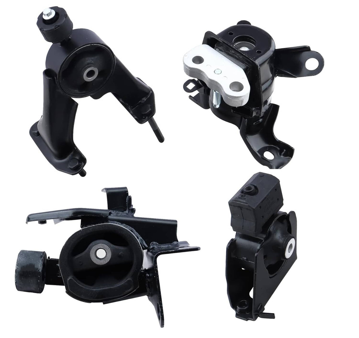 Four-piece engine and transmission mount parts, black brackets with circular bushings