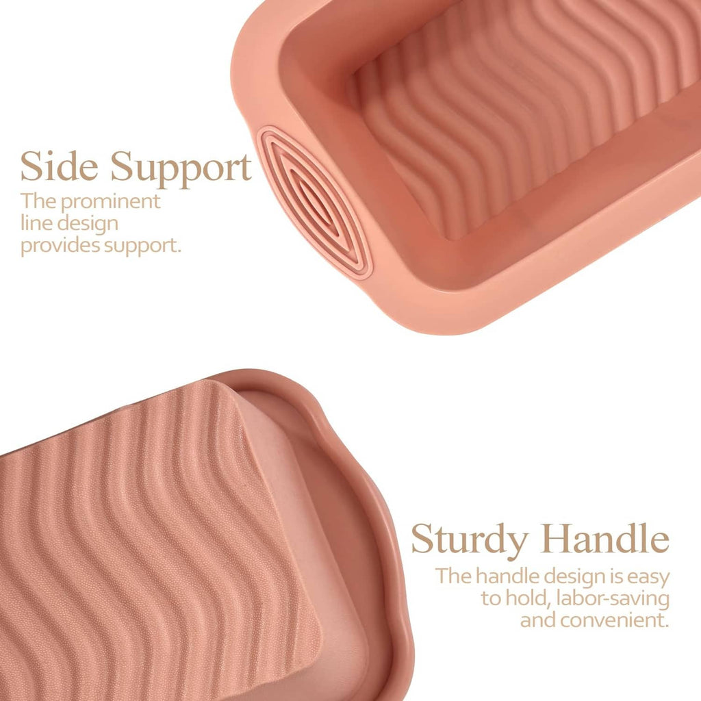 Pink silicone bread loaf pan with ribbed grip sides and corner handle