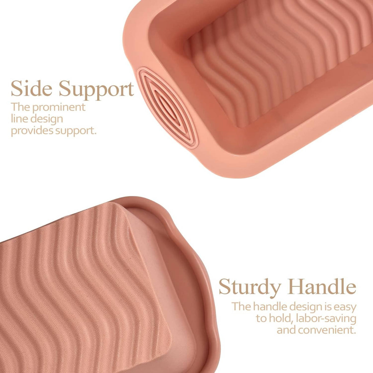 Pink silicone bread loaf pan with ribbed grip sides and corner handle