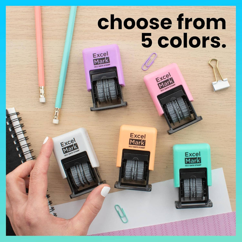 ExcelMark 1822 date stamp set with five colored stamp bodies and black pad