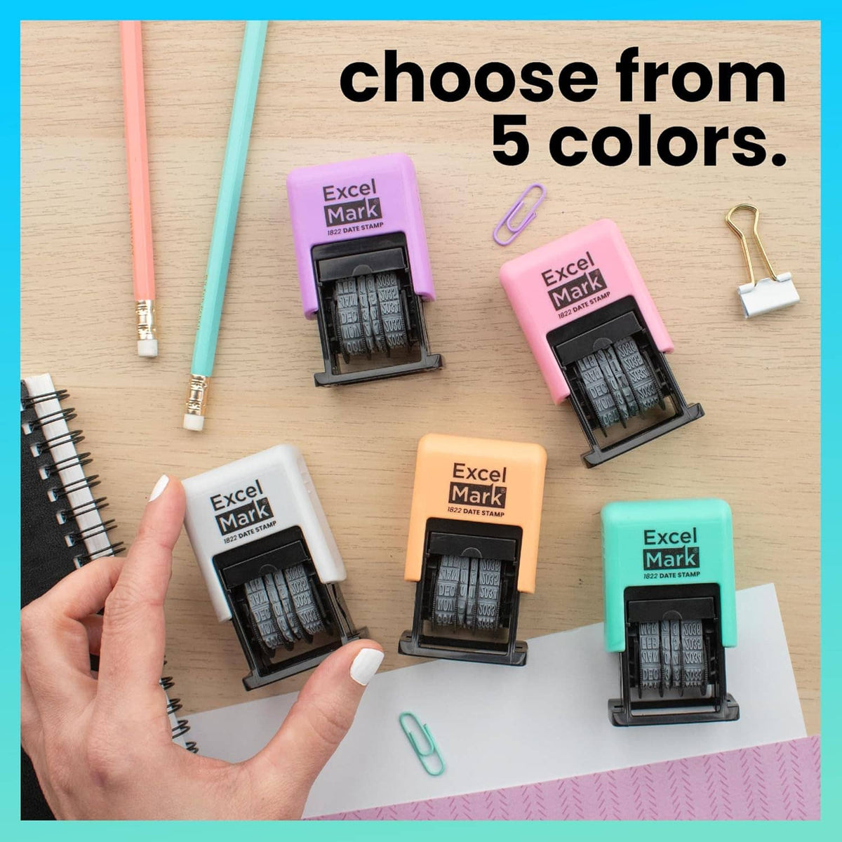 ExcelMark 1822 date stamp set with five colored stamp bodies and black pad