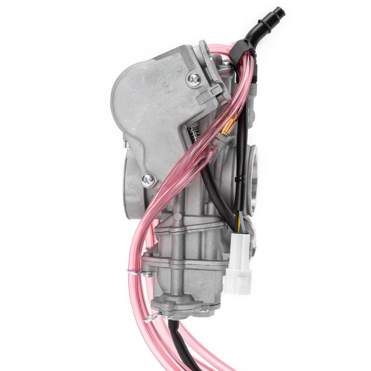 Side view carburetor with gray body, red fuel lines and black cable connectors