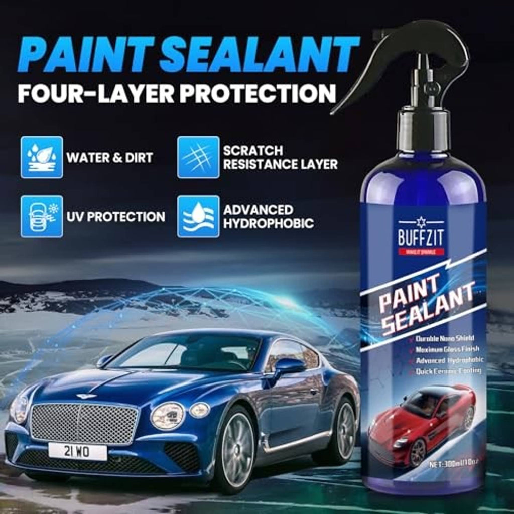 Paint sealant spray bottle on graphic showing four-layer protection and water dirt resistance
