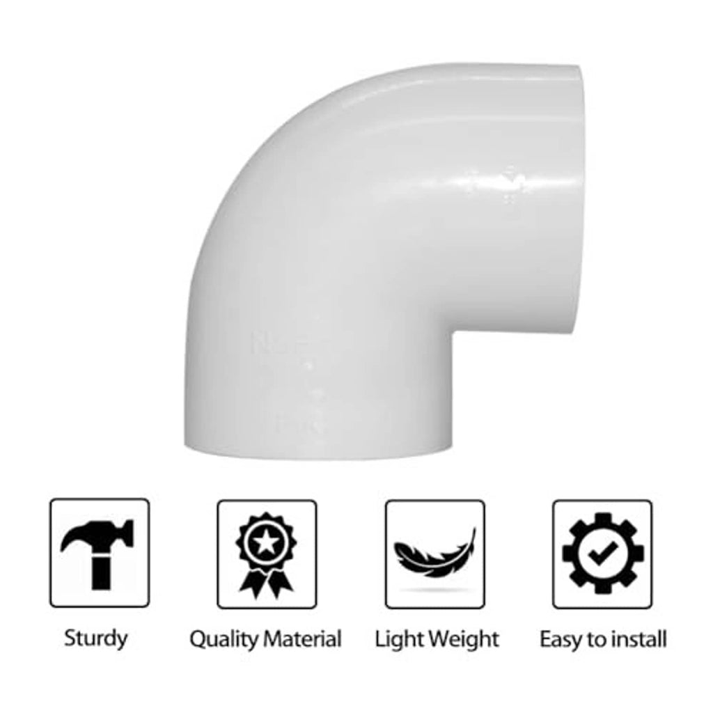 White PVC 90-degree elbow fitting with smooth curved body and socket opening