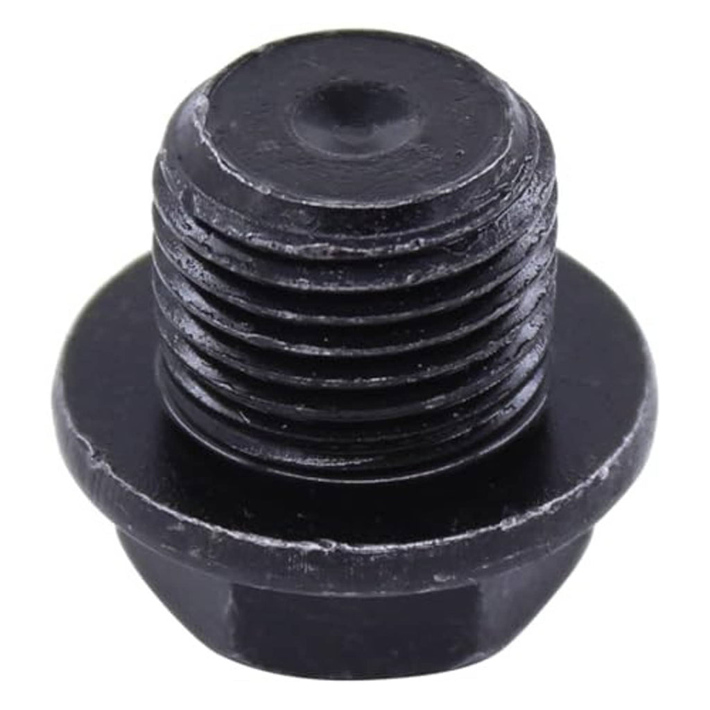 Oil drain plug with black hex head and central socket opening