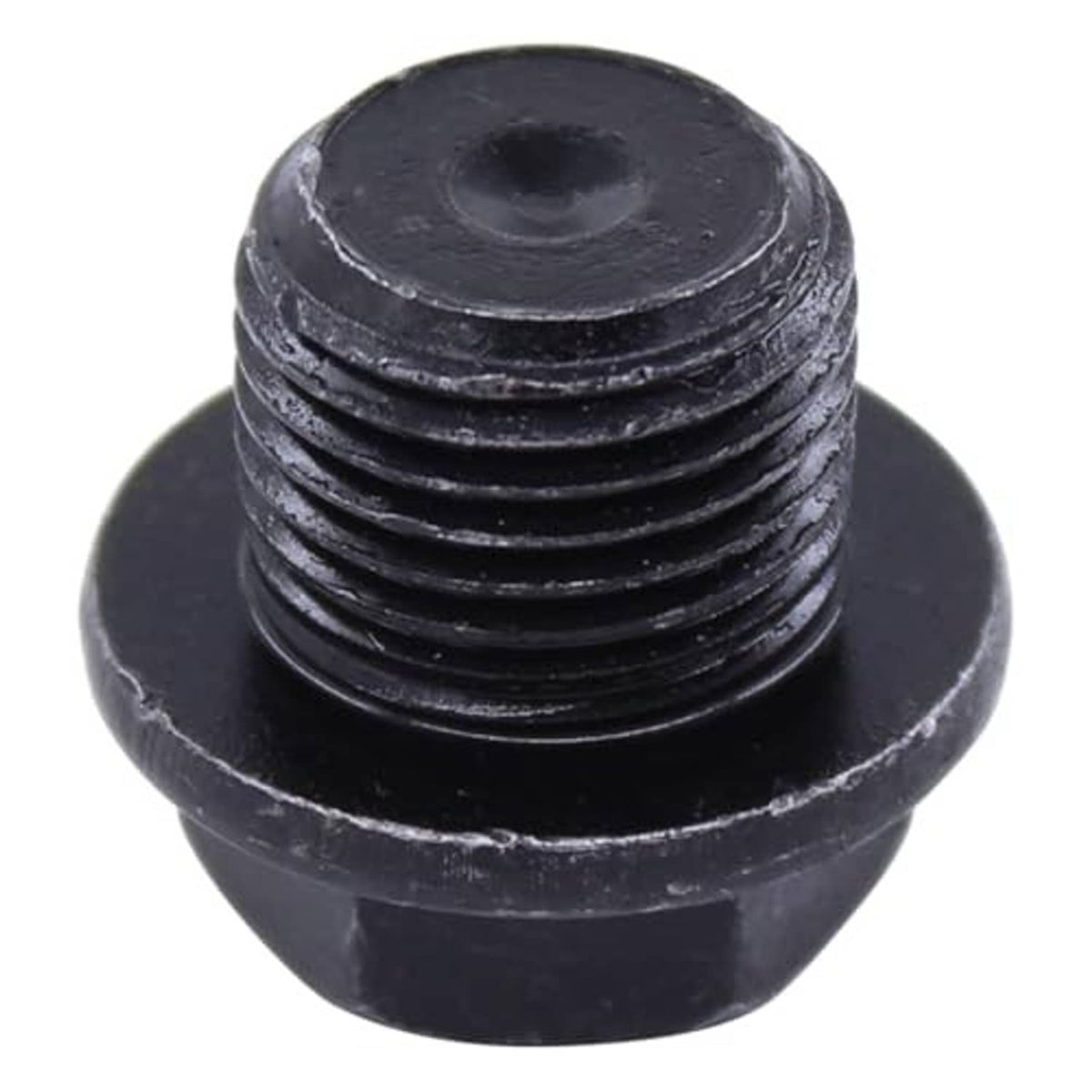 Oil drain plug with black hex head and central socket opening