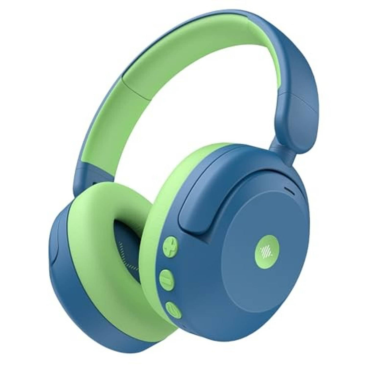 Blue and green over-ear headphones with padded headband and cushioned ear cups