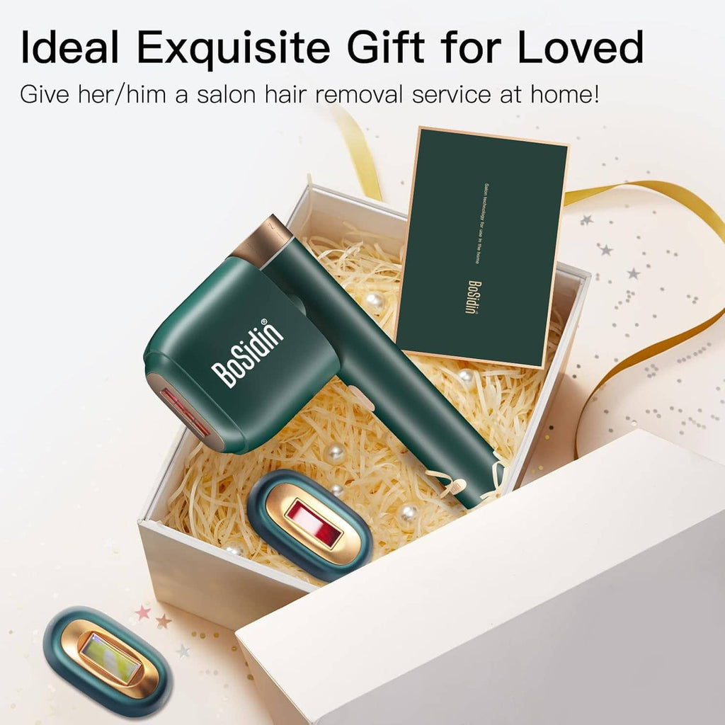 BoSidin IPL hair removal device in open gift box with cartridges and safety goggles