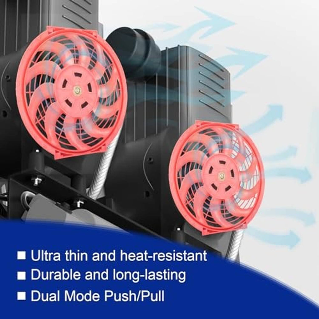 Two red radiator cooling fans with black housings and metal mounting brackets