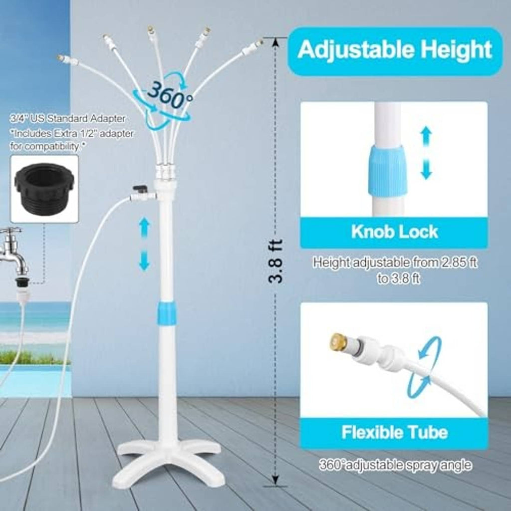 Adjustable height misting riser with knob lock, flexible tube, and 360° spray angle