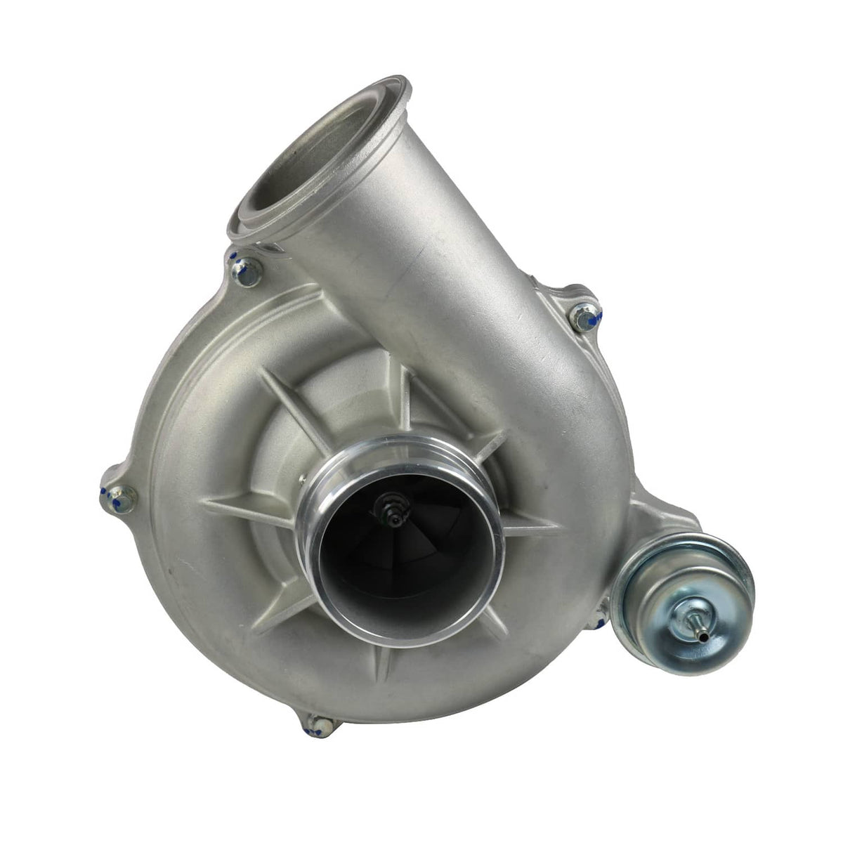 Turbocharger with metallic volute housing, compressor inlet, and side vacuum canister