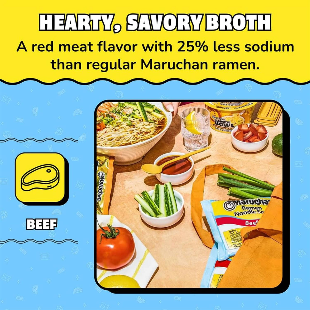 Beef flavor ramen with 25% less sodium claim and seasoning packets graphic