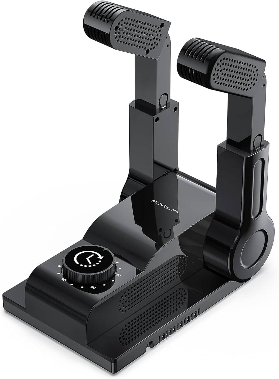 Black boot and shoe dryer with dual heated arms, vented grille, and control dial