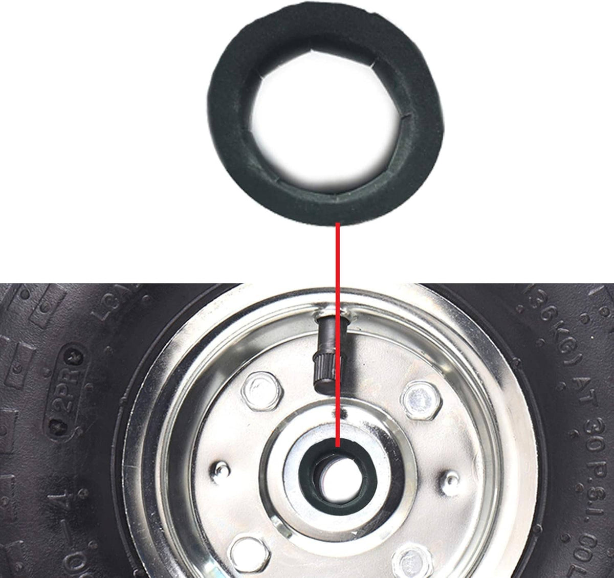 Black pushnut lock washer close-up, shown above a wheel hub with mounting holes