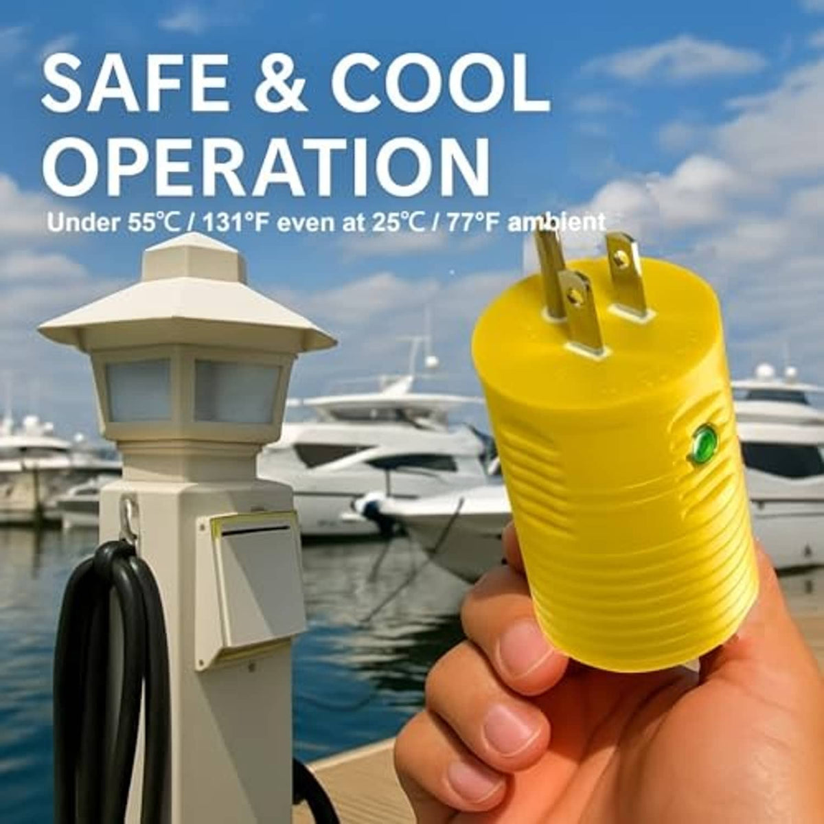 Yellow shore power adapter held in hand with green LED indicator on the plug housing