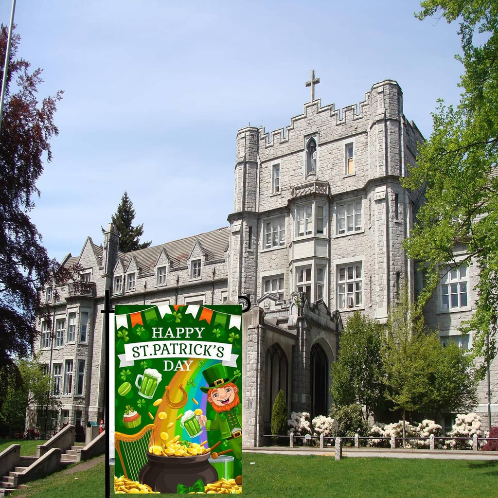 Green St. Patrick's Day garden flag on stake with “HAPPY ST. PATRICK'S DAY” and pot of gold