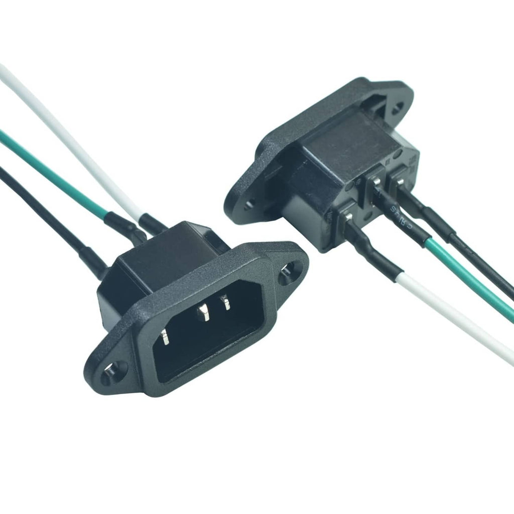 IEC 320 C14 panel mount power inlet socket pair with 3-pin prewired cable, black
