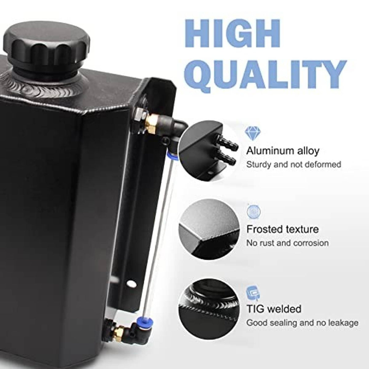 Black 2L coolant overflow tank with textured aluminum body and sealed welded cap