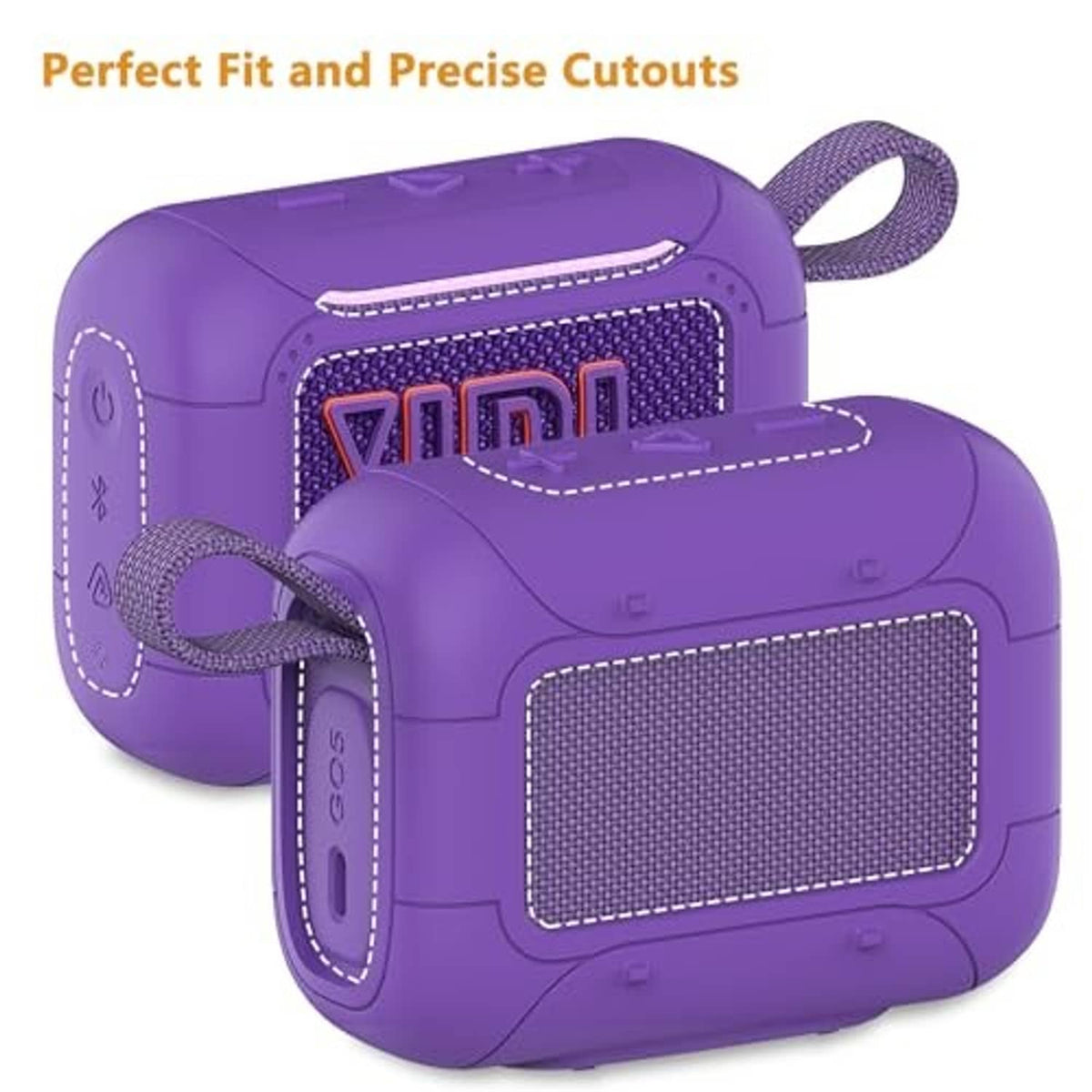 Purple speaker case showing precise cutouts and textured front grille cover