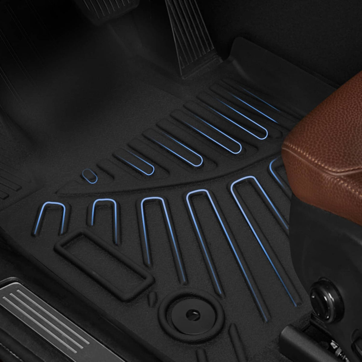 Black floor mat with blue accent channels and raised grip pattern