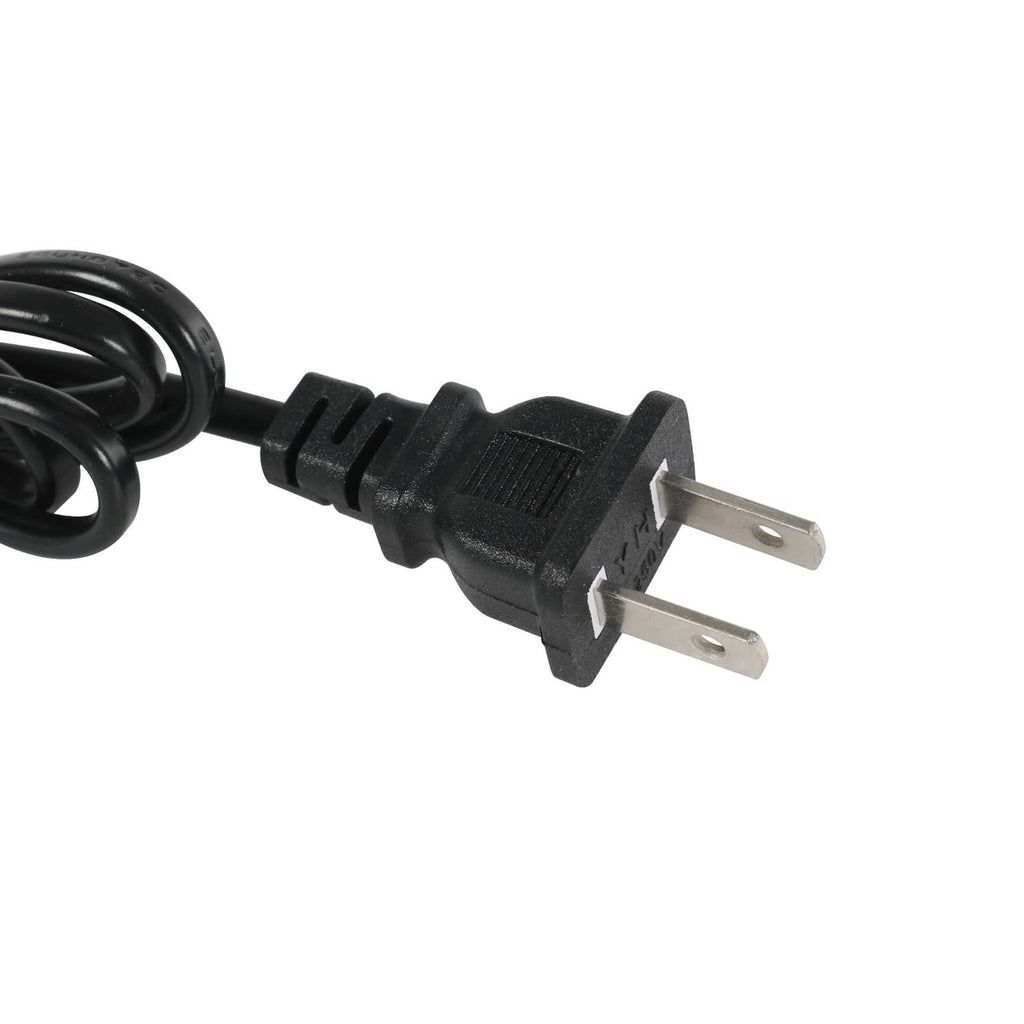 Black two-prong power plug with cable strain relief and molded connector