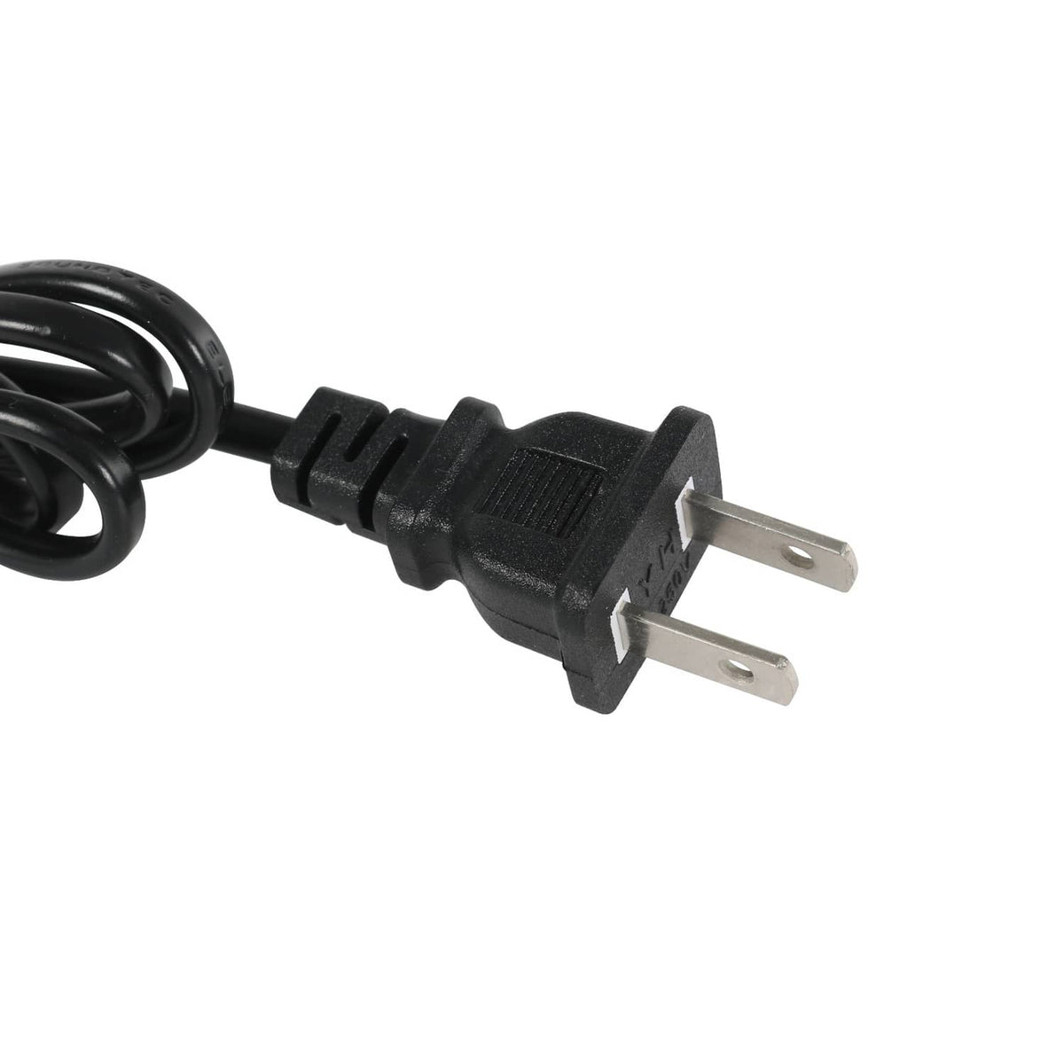 Black two-prong power plug with cable strain relief and molded connector